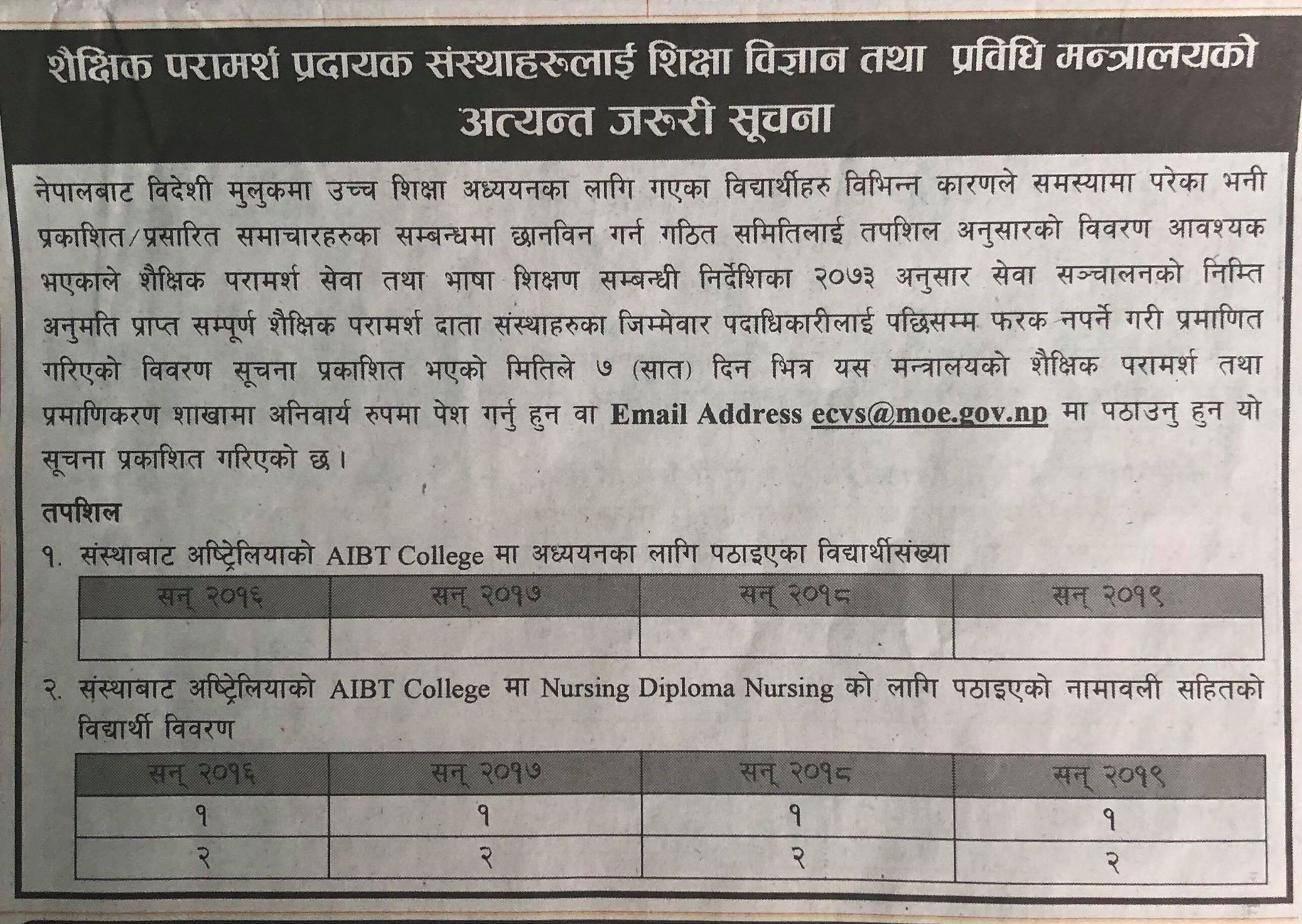 अष्ट्रेलियामा विद्यार्थी विचल्ली प्रकरण : कन्सल्टेन्सीलाई चारवर्षे विवरण बुझाउन ७ दिने अल्टिमेटम