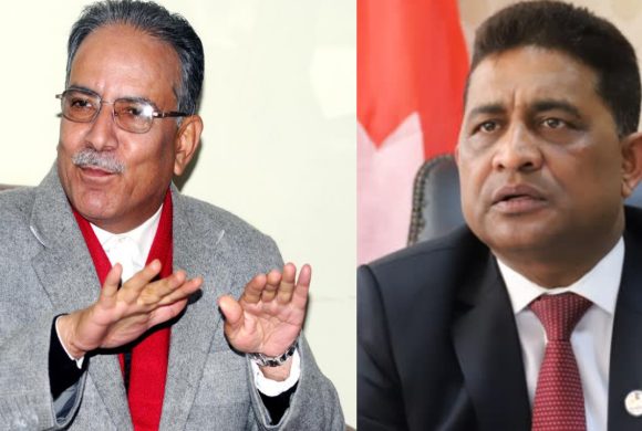 गठबन्धनको बैठक अगाडी एमाले सचिव रघुवीर महासेठ र प्रचण्डबिच भेटवार्ता