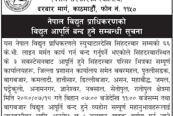 काठमाडौंमा शनिबार बिहान ४ घण्टा विद्युत् आपूर्ति बन्द हुने