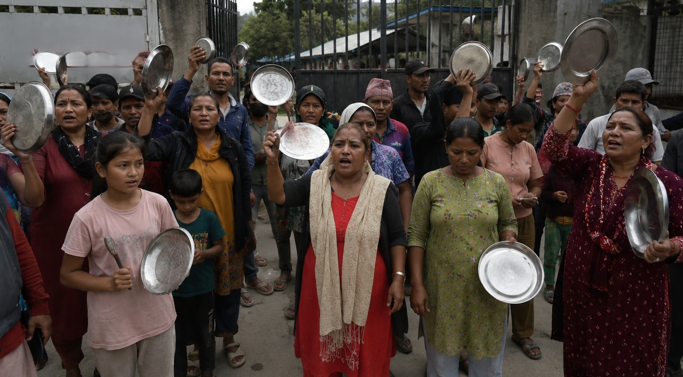 होल्डिङ सेन्टरमा खाद्यान्न अभाव, विस्थापित सुकुम्बासीद्वारा थाल ठटाएर विरोध