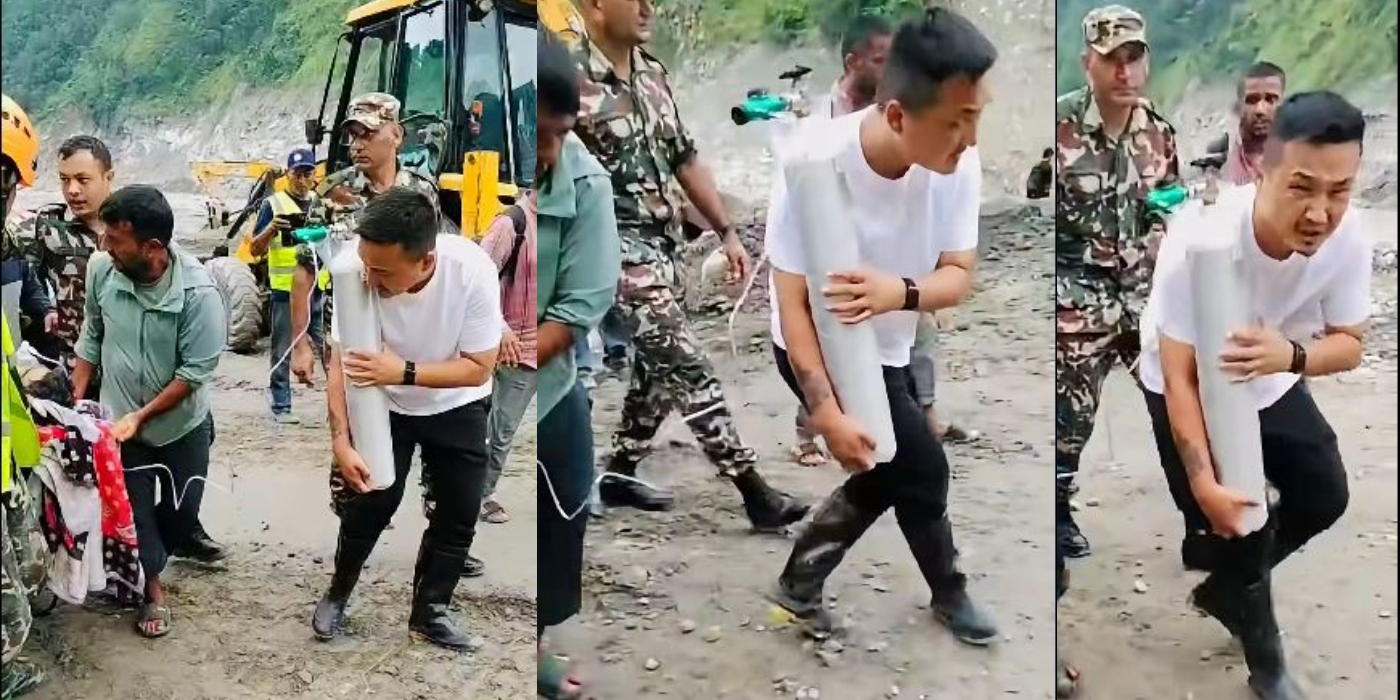 उद्धार गरिएका कर्मचारीको अक्सिजन सिलिण्डर बोकेर उद्धारस्थलमै खटिए गृहमन्त्री गुरुङ